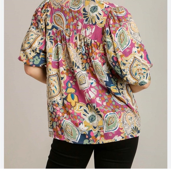 Umgee Alessia Mixed Print Puff Sleeve Blouse - Picture 4 of 8